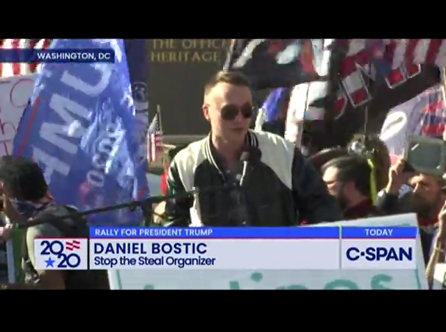 Daniel Bostic at the microphone during the November 14, 2020 rally at Freedom Plaza, in a C-SPAN broadcast